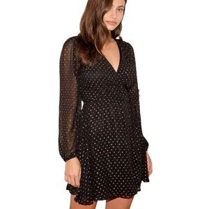 NWT Lulus Marvel at Me Black Metallic Gold Swiss Dot Wrap A-Line Mini Dress - S